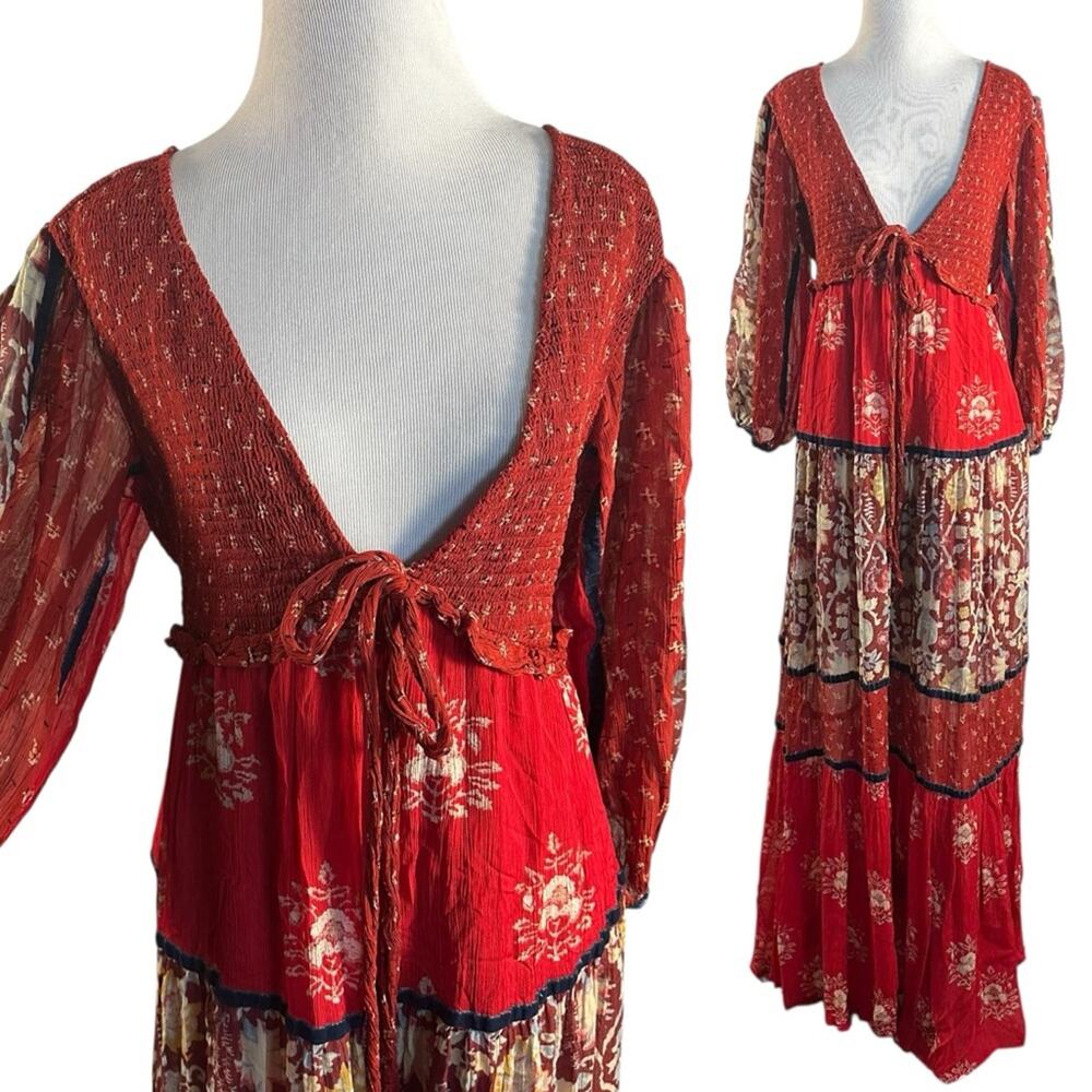 Free People Bohemian Gypsy Witchy Bali Laurel Maxi Dress Medium Patchwork 70s - Picture 7 of 14